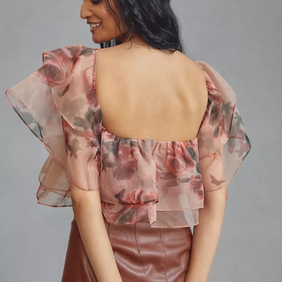 Anthropologie DOLAN Tiered Organza Floral Chiffon Off-Shoulder Top - Picture 2 of 12